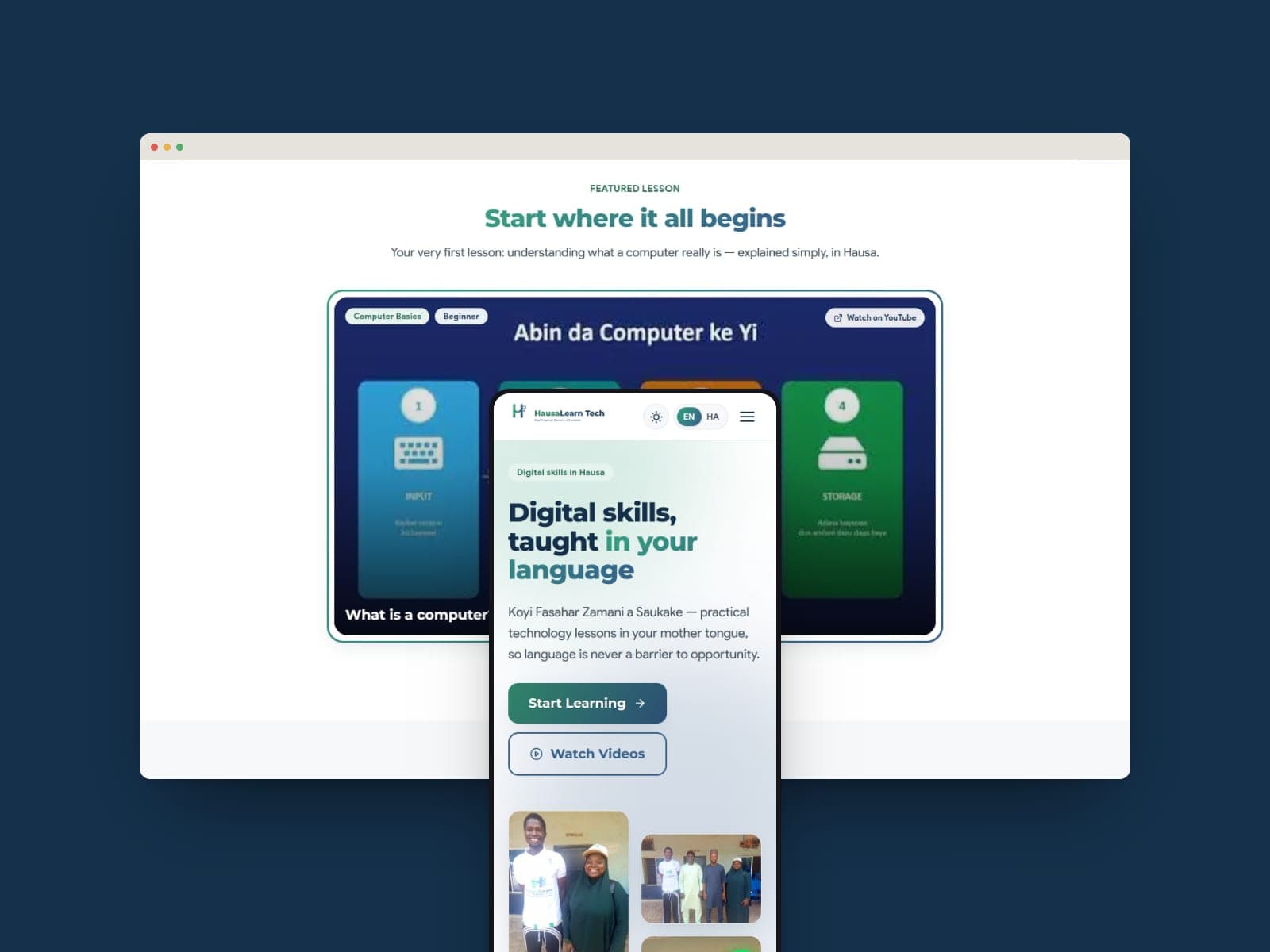 HausaLearn: Digital skills training in the Hausa language, with a bilingual EN/HA website and a redesigned identity.